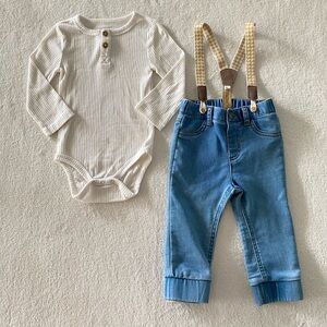 Cat & Jack Matching Set - Cream Long-sleeve Onesie and Jeans with Suspenders